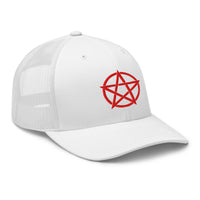 trucker hat featuring Red Witchcraft Woven Pentacle Pagan embroidered artwork, product image 10