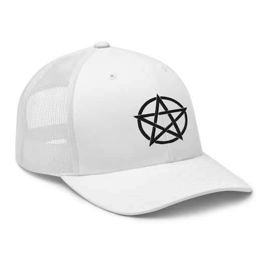 Black trucker hat featuring Black Witchcraft Woven Pentacle Pagan embroidered artwork, product image 1