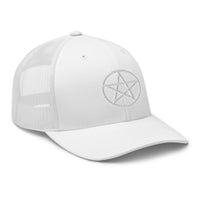 trucker hat featuring White Wiccan Witchcraft Pentagram embroidered artwork, product image 10