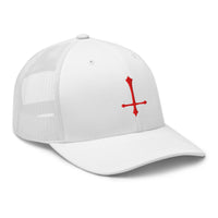trucker hat featuring Red Inverted Cross Occult embroidered artwork, product image 10