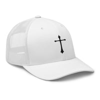 Black trucker hat featuring Black Gothic Medeival Cross embroidered artwork, product image 1