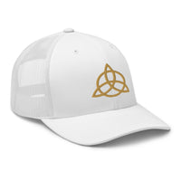 trucker hat featuring Old Gold Trinity Knot Triquetra Symbol embroidered artwork, product image 10