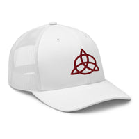 trucker hat featuring Red Trinity Knot Triquetra Symbol embroidered artwork, product image 10