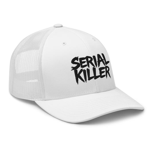 Black trucker hat featuring Serial Killer embroidered artwork, product image 1