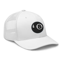 Black trucker hat featuring Black 8 Ball Billiards embroidered artwork, product image 1