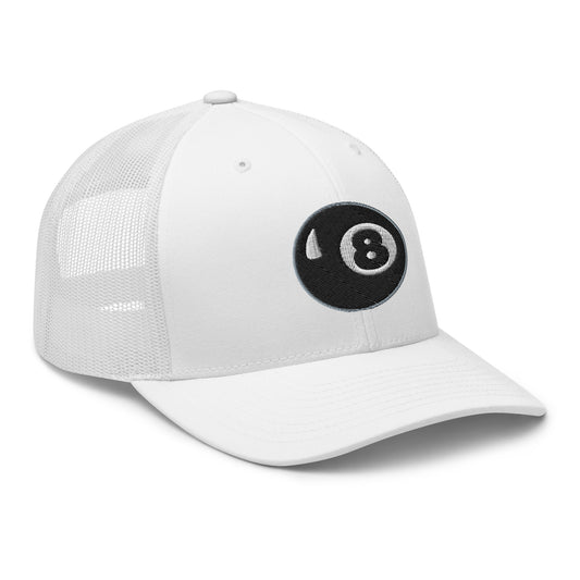 Black trucker hat featuring Black 8 Ball Billiards embroidered artwork, product image 1