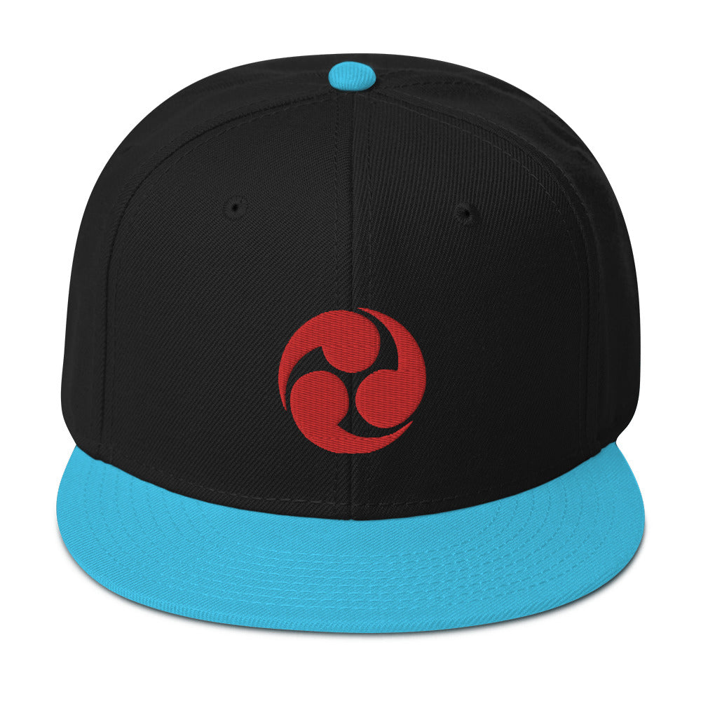 Red Tomoe Mitsudomoe Japanese Symbol Embroidered Flat Bill Cap Snapback Hat