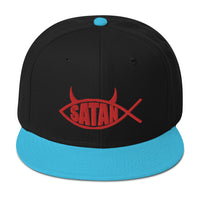 Red Satan Fish with Horns Religious Satire Embroidered Flat Bill Cap embroidered snapback hat, product image 13