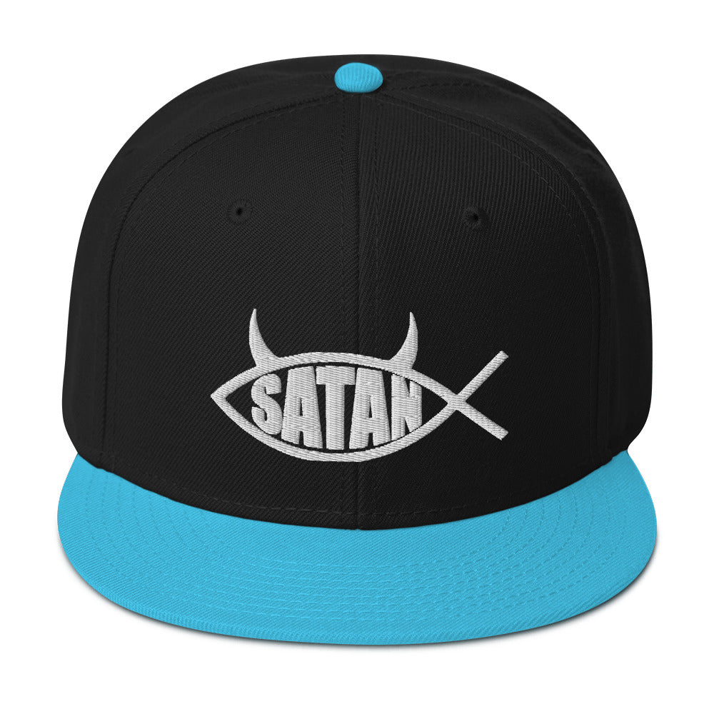 Satan Fish with Horns Religious Satire Embroidered Flat Bill Cap Snapback Hat