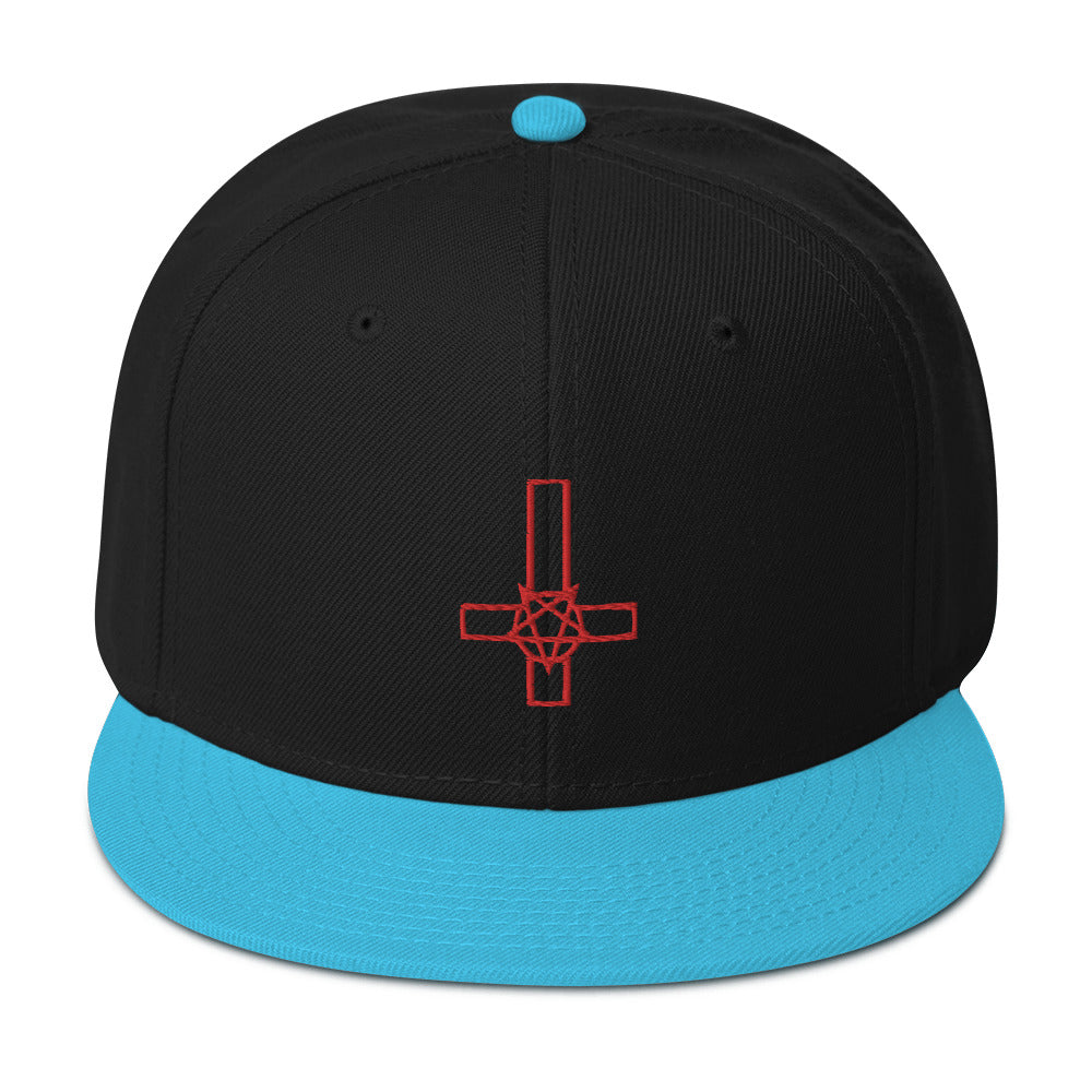 Red Pentacross Inverted Pentagram Cross Embroidered Flat Bill Cap Snapback Hat