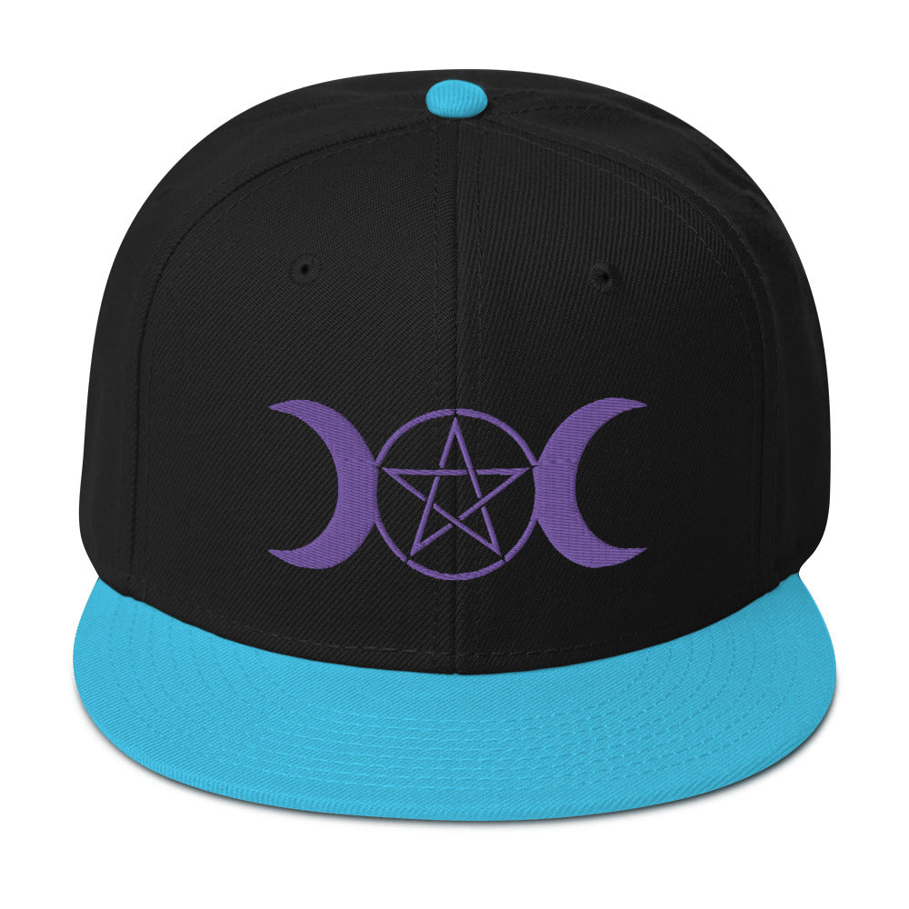 Purple Pagan Triple Moon Goddess Embroidered Flat Bill Cap Snapback Hat