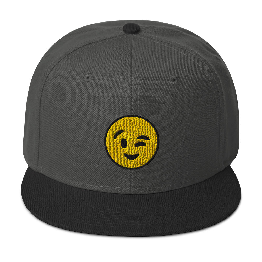 Winking Face Emoji Embroidered Emoticon Flat Bill Cap Snapback Hat