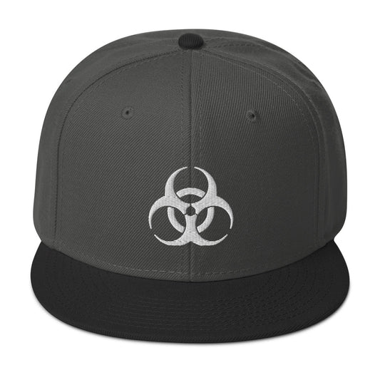 White Bio Hazard Symbol Warning Sign Embroidered Flat Bill Cap embroidered snapback hat, product image 1