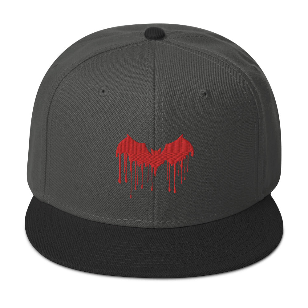 Red Vampire Bat Blood Drip Embroidered Flat Bill Cap Snapback Hat