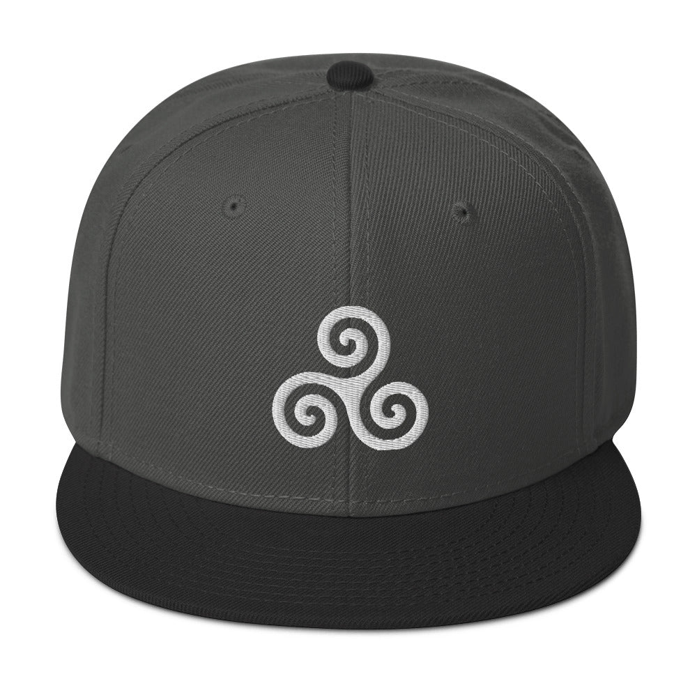 White Triskelion or Triskeles Spiral Embroidered Flat Bill Cap Snapback Hat