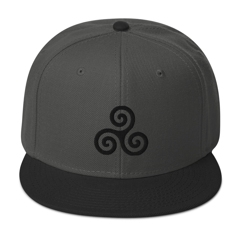 Black Triskelion or Triskeles Spiral Embroidered Flat Bill Cap Snapback Hat