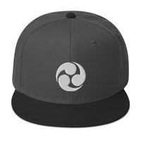 White Tomoe Mitsudomoe Japanese Symbol Embroidered Flat Bill Cap embroidered snapback hat, product image 1