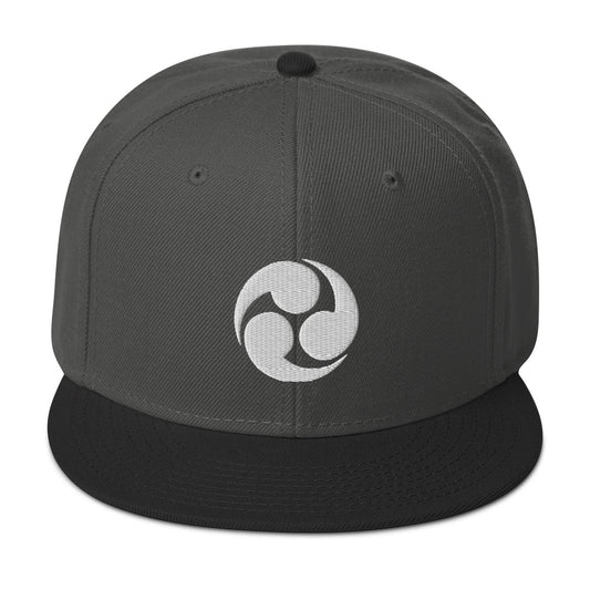 White Tomoe Mitsudomoe Japanese Symbol Embroidered Flat Bill Cap embroidered snapback hat, product image 1