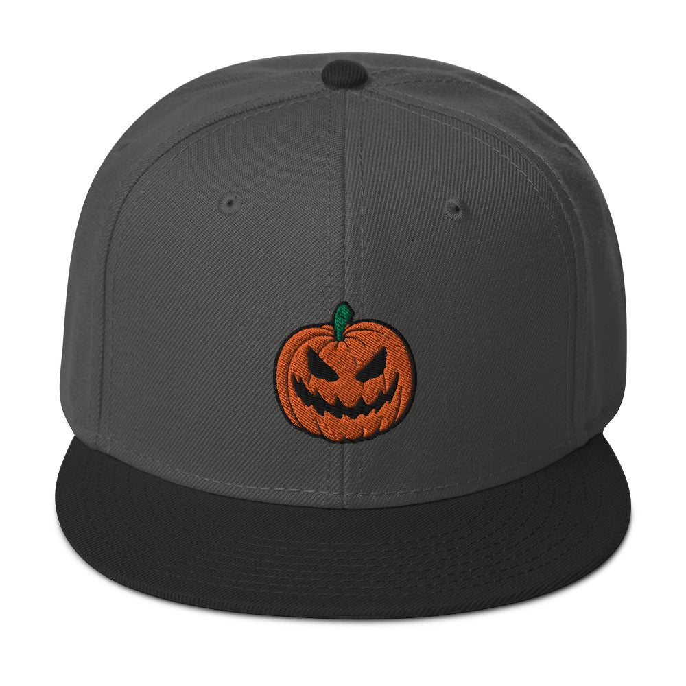 Scary Jack O Lantern Halloween Pumpkin Embroidered Flat Bill Cap Snapback Hat