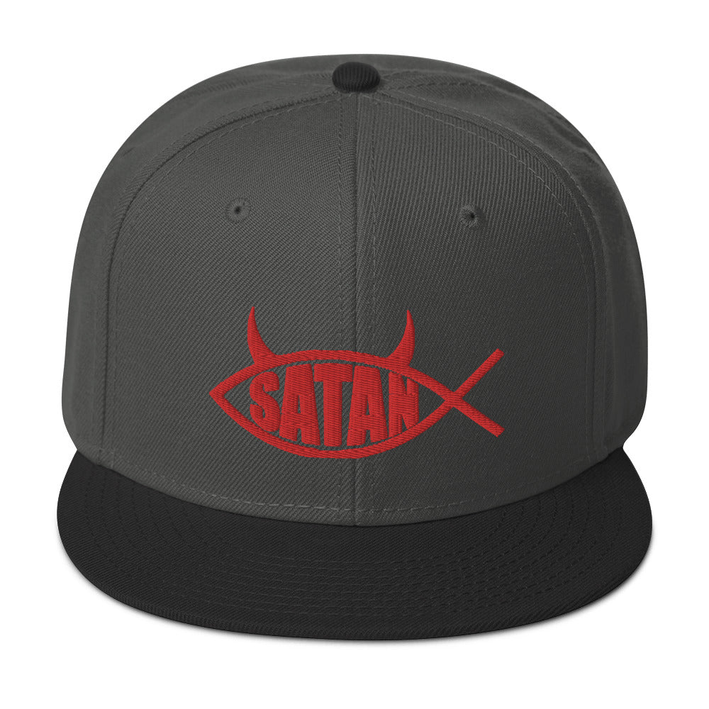 Red Satan Fish with Horns Religious Satire Embroidered Flat Bill Cap Snapback Hat