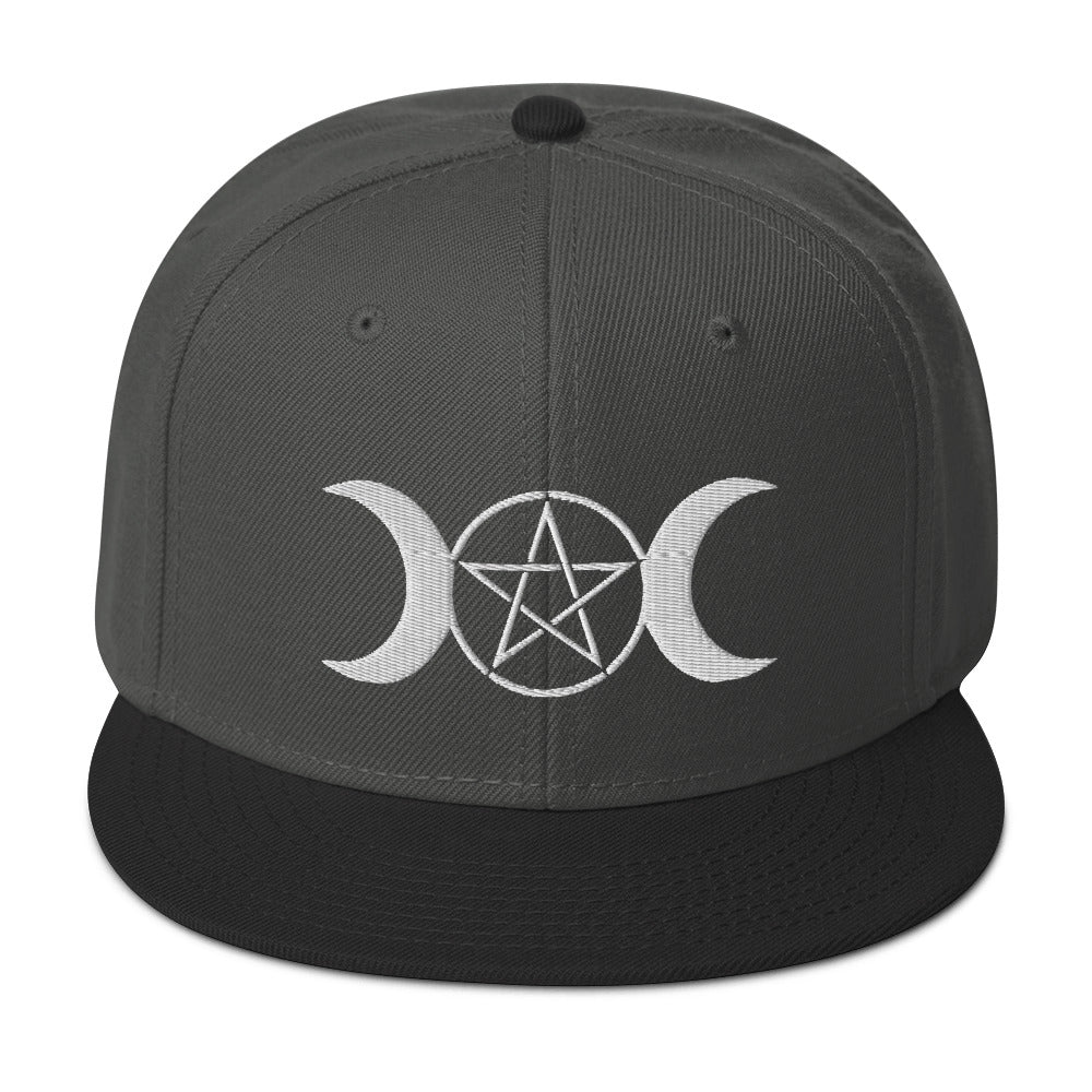 White Pagan Triple Moon Goddess Embroidered Flat Bill Cap Snapback Hat