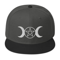 White Pagan Triple Moon Goddess Embroidered Flat Bill Cap embroidered snapback hat, product image 1