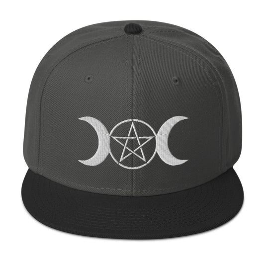 White Pagan Triple Moon Goddess Embroidered Flat Bill Cap embroidered snapback hat, product image 1
