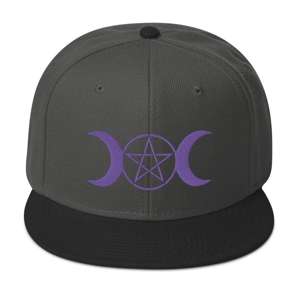 Purple Pagan Triple Moon Goddess Embroidered Flat Bill Cap Snapback Hat