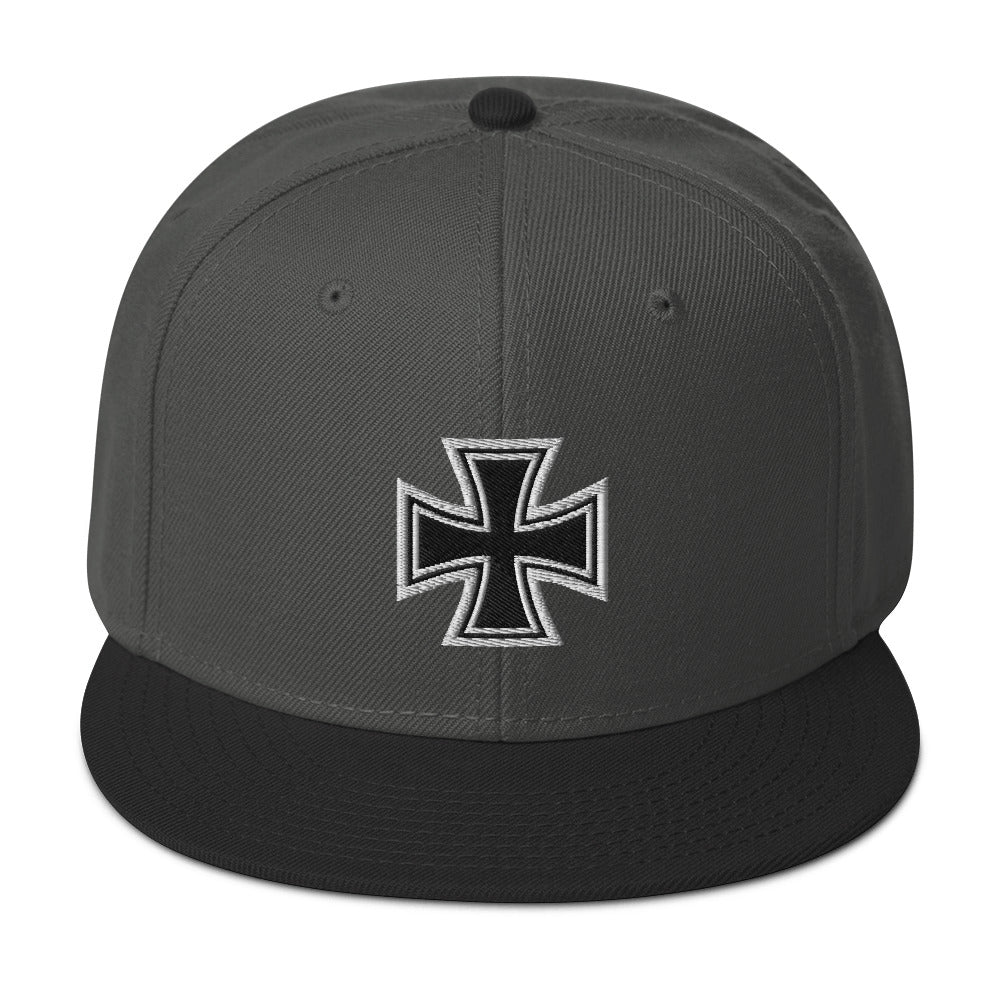 White Heavy Metal Biker Cross Symbol Embroidered Flat Bill Cap Snapback Hat