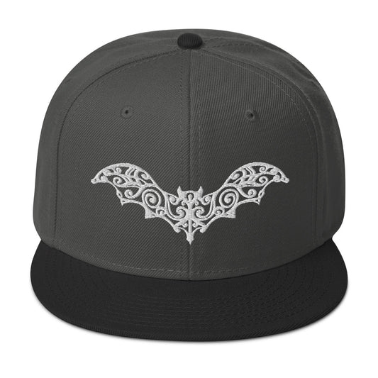 White Gothic Vine Wrought Iron Bat Embroidered Flat Bill Cap embroidered snapback hat, product image 1