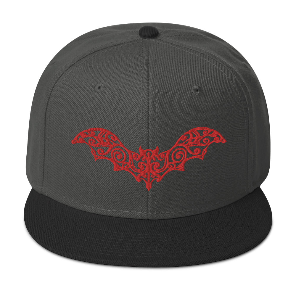 Red Gothic Vine Wrought Iron Bat Embroidered Flat Bill Cap Snapback Hat