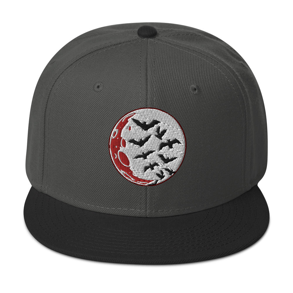 Flying Bats over a Blood Moon Embroidered Flat Bill Cap Snapback Hat