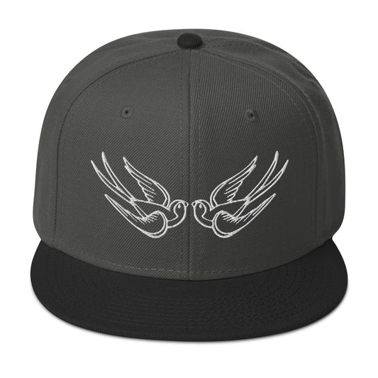 White Falling Sparrows Tattoo Style Bird Embroidered Flat Bill Cap embroidered snapback hat, product image 1