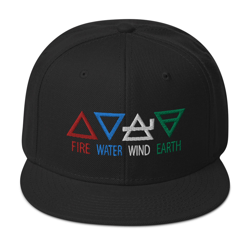 Four Elements of Matter: Fire, Water, Wind, Earth Embroidered Flat Bill Cap embroidered snapback hat, product image 1