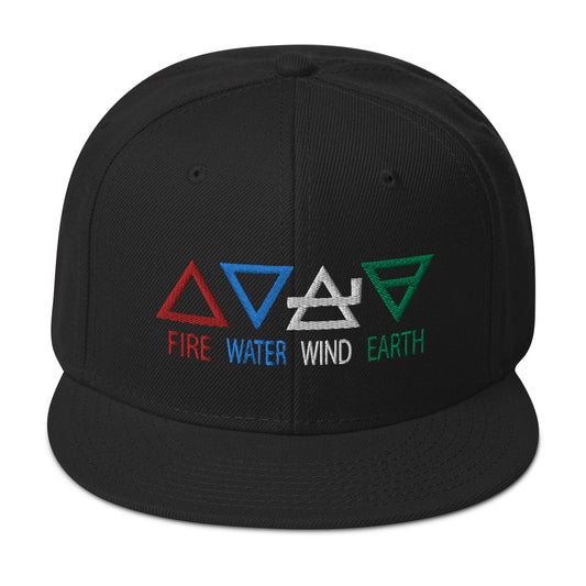 Four Elements of Matter: Fire, Water, Wind, Earth Embroidered Flat Bill Cap embroidered snapback hat, product image 1