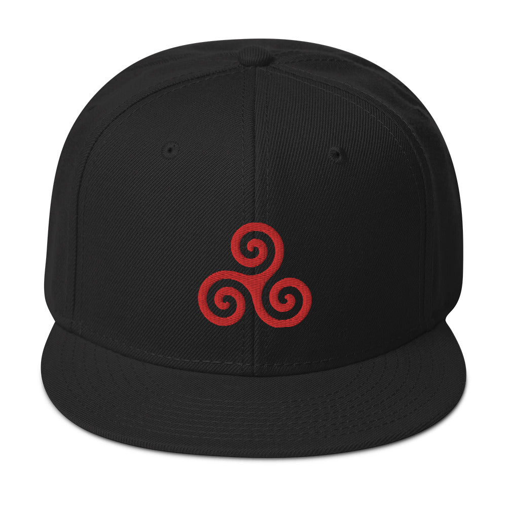 Red Triskelion or Triskeles Spiral Embroidered Flat Bill Cap Snapback Hat