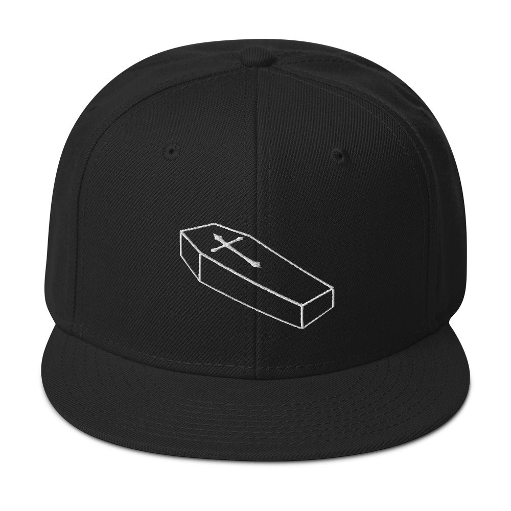 White Toe Pincher Coffin with Cross Embroidered Flat Bill Cap Snapback Hat