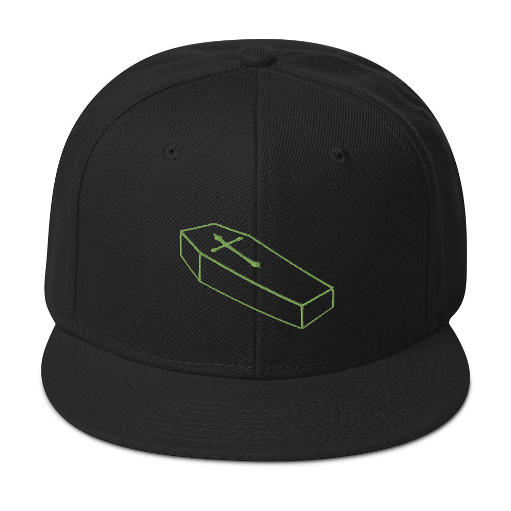 Green Toe Pincher Coffin with Cross Embroidered Flat Bill Cap Snapback Hat