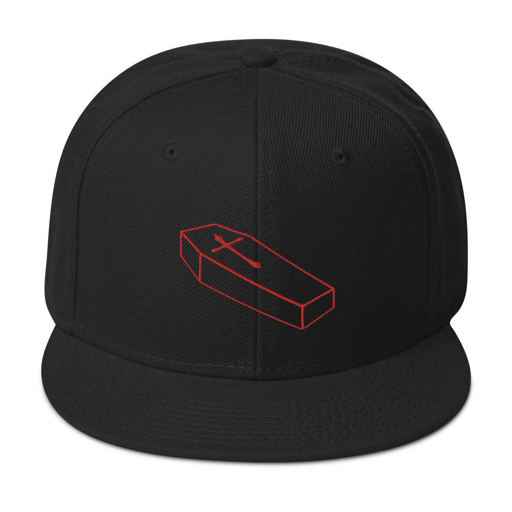 Red Toe Pincher Coffin with Cross Embroidered Flat Bill Cap embroidered snapback hat, product image 4