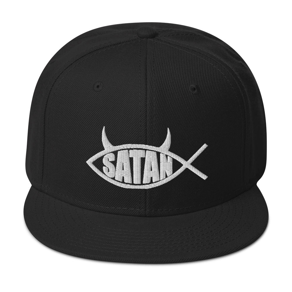 Satan Fish with Horns Religious Satire Embroidered Flat Bill Cap embroidered snapback hat, product image 4