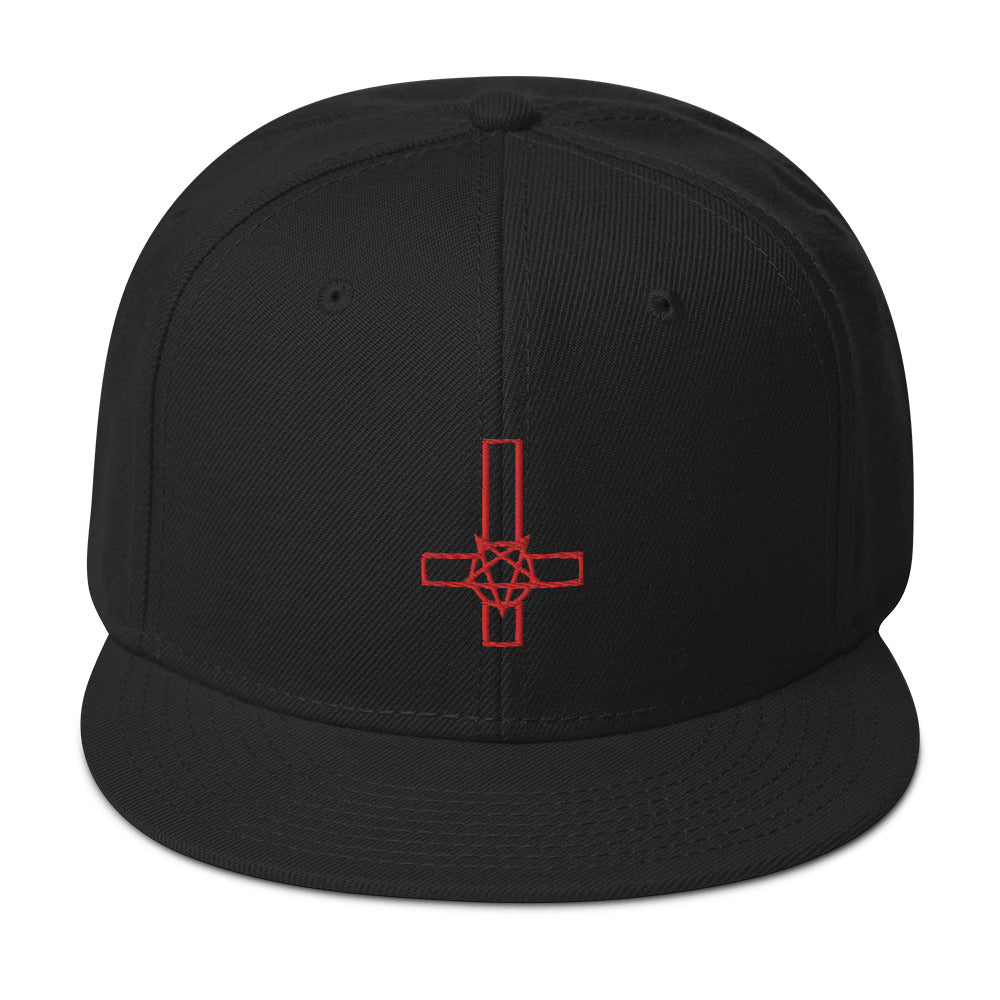Red Pentacross Inverted Pentagram Cross Embroidered Flat Bill Cap embroidered snapback hat, product image 4