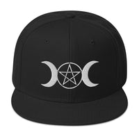 White Pagan Triple Moon Goddess Embroidered Flat Bill Cap embroidered snapback hat, product image 4