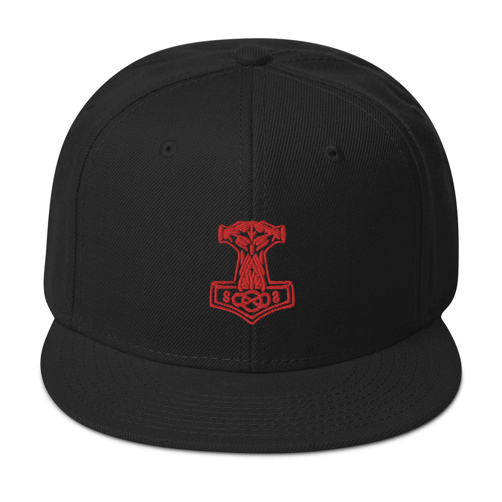 Red Odin War Hammer Norse Mythology Embroidered Flat Bill Cap Snapback Hat