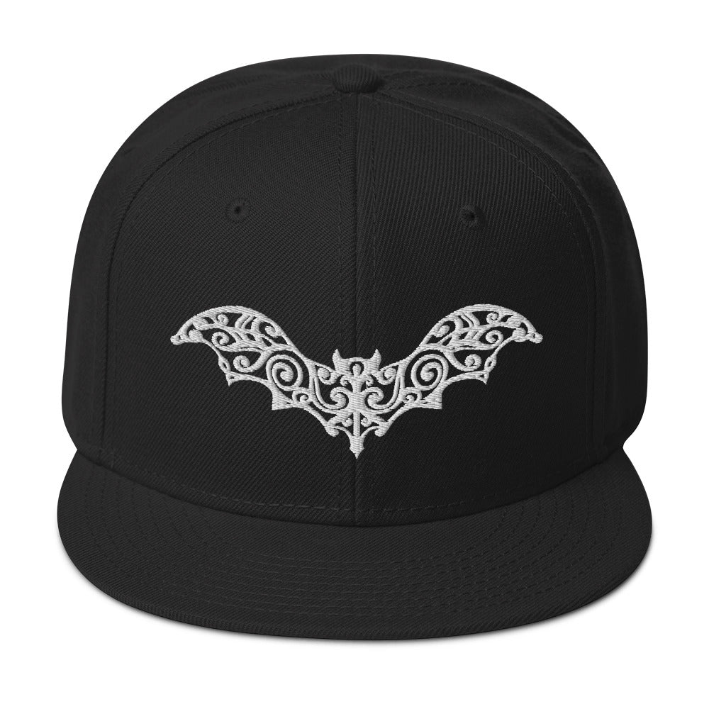 White Gothic Vine Wrought Iron Bat Embroidered Flat Bill Cap embroidered snapback hat, product image 4