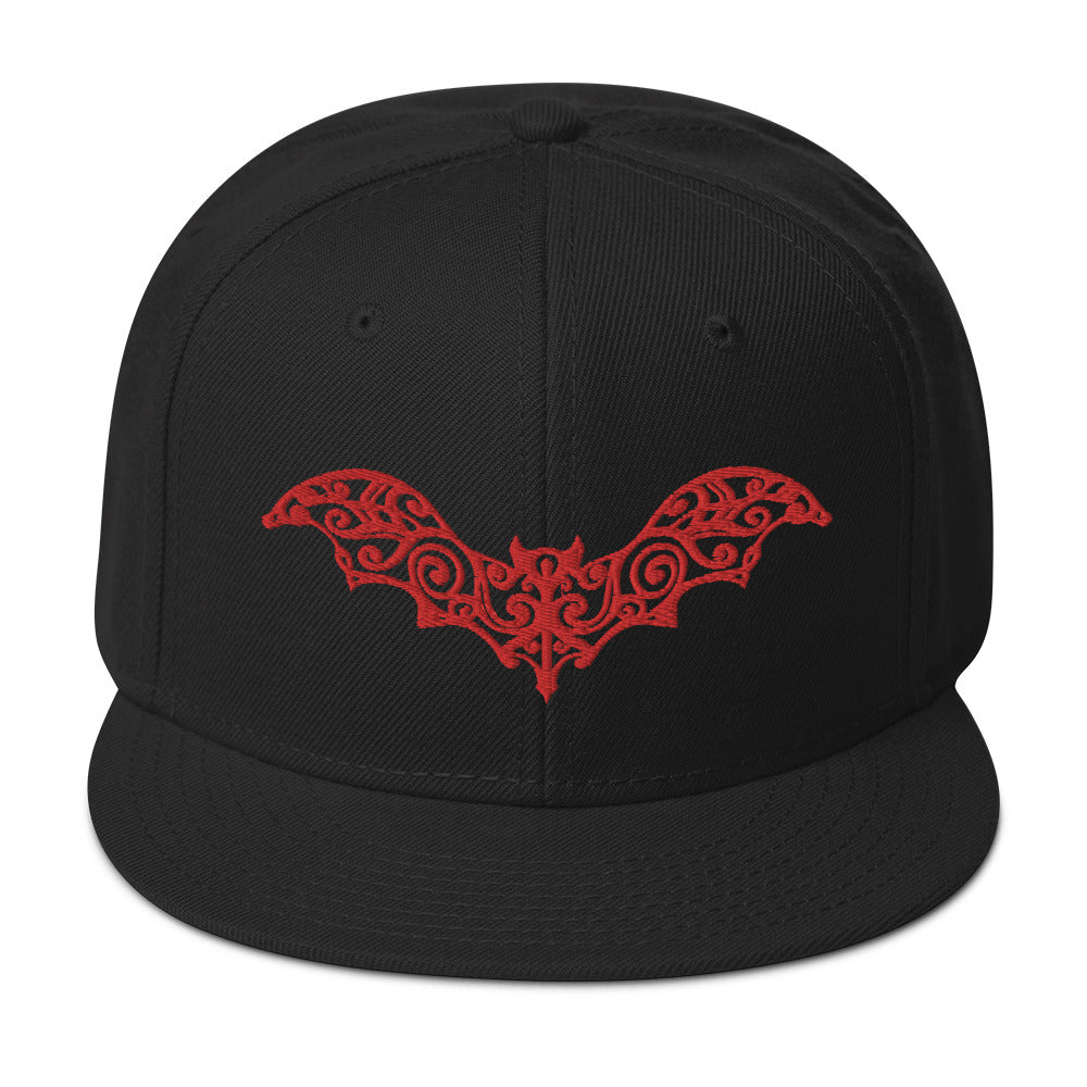 Red Gothic Vine Wrought Iron Bat Embroidered Flat Bill Cap embroidered snapback hat, product image 4