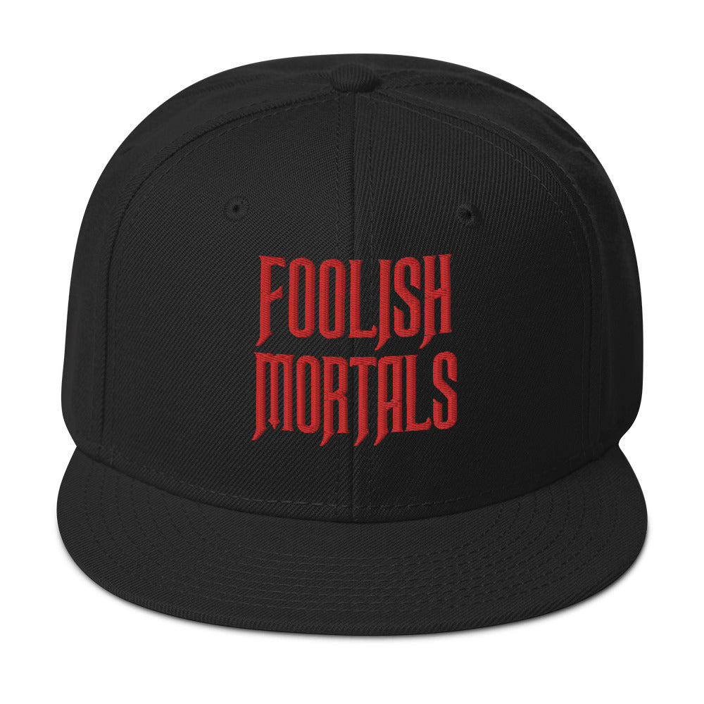 Red Foolish Mortals Haunted Mansion Embroidered Flat Bill Cap embroidered snapback hat, product image 4