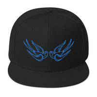 Blue Falling Sparrows Tattoo Style Bird Embroidered Flat Bill Cap embroidered snapback hat, product image 1