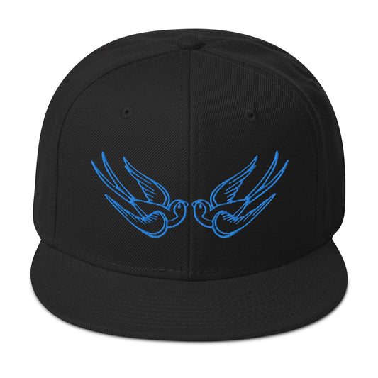 Blue Falling Sparrows Tattoo Style Bird Embroidered Flat Bill Cap embroidered snapback hat, product image 1
