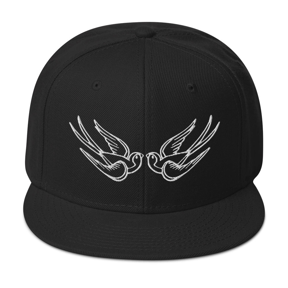 White Falling Sparrows Tattoo Style Bird Embroidered Flat Bill Cap embroidered snapback hat, product image 4