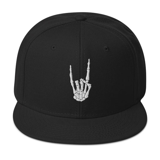 White Bone Hand Devil Horns Metal Sign Embroidered Flat Bill Cap embroidered snapback hat, product image 1
